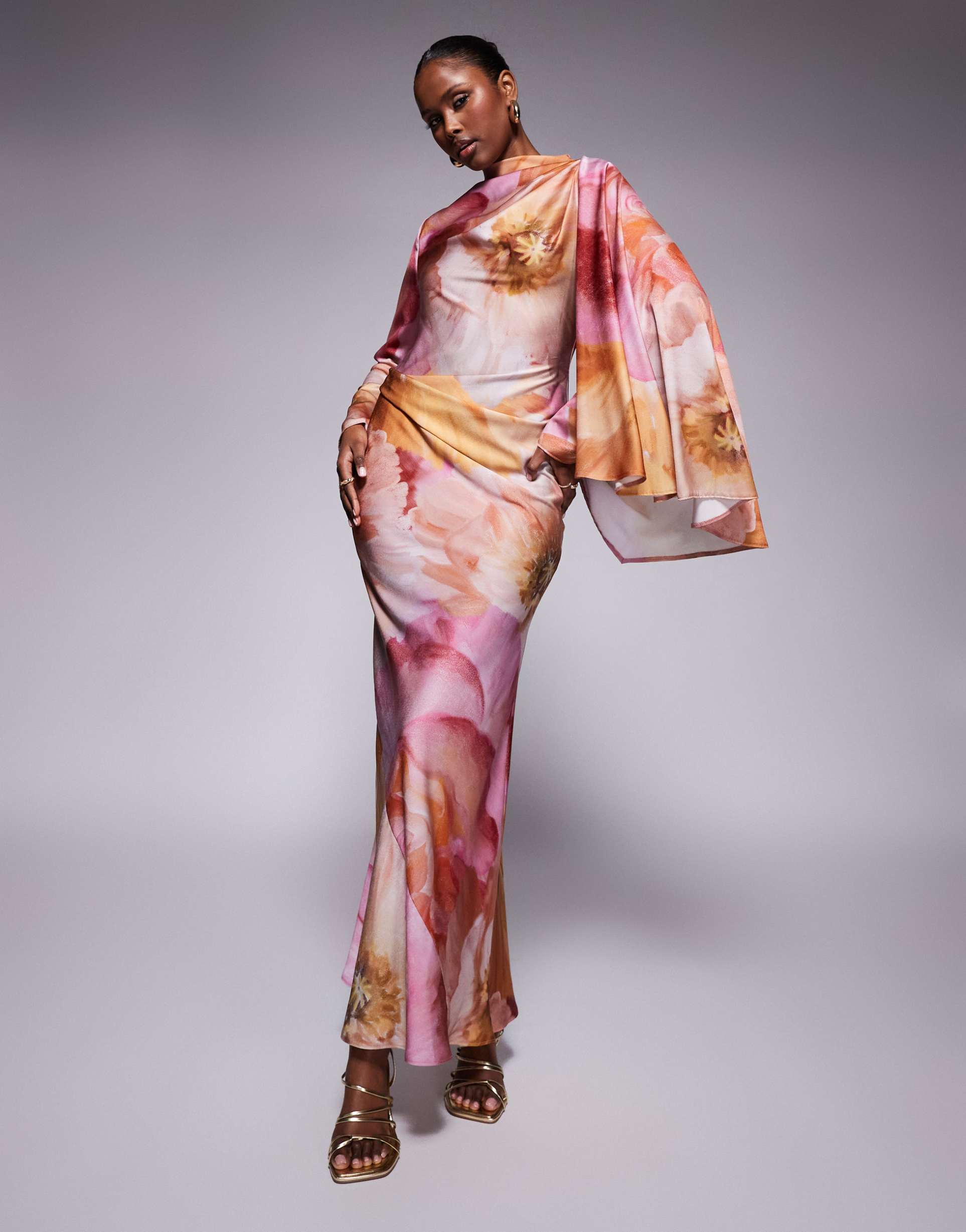 asos design draped satin bias cut maxi dress with scarf overlay detail in overblown floral print