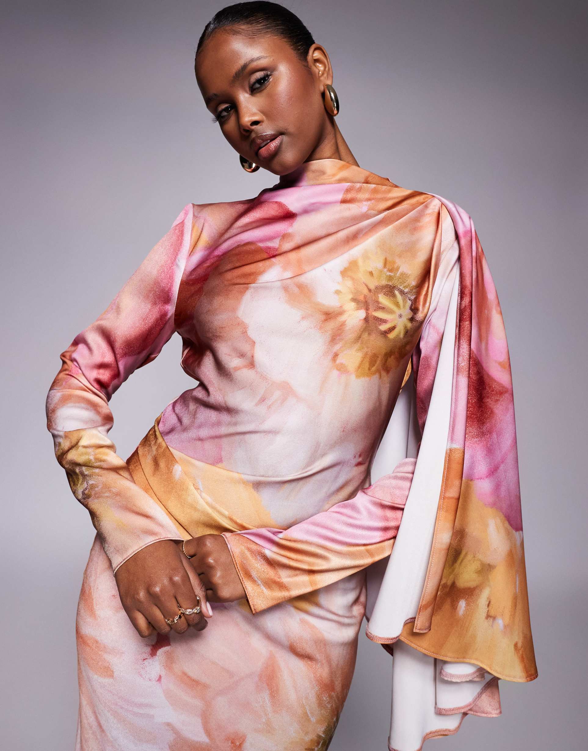 asos design draped satin bias cut maxi dress with scarf overlay detail in overblown floral print