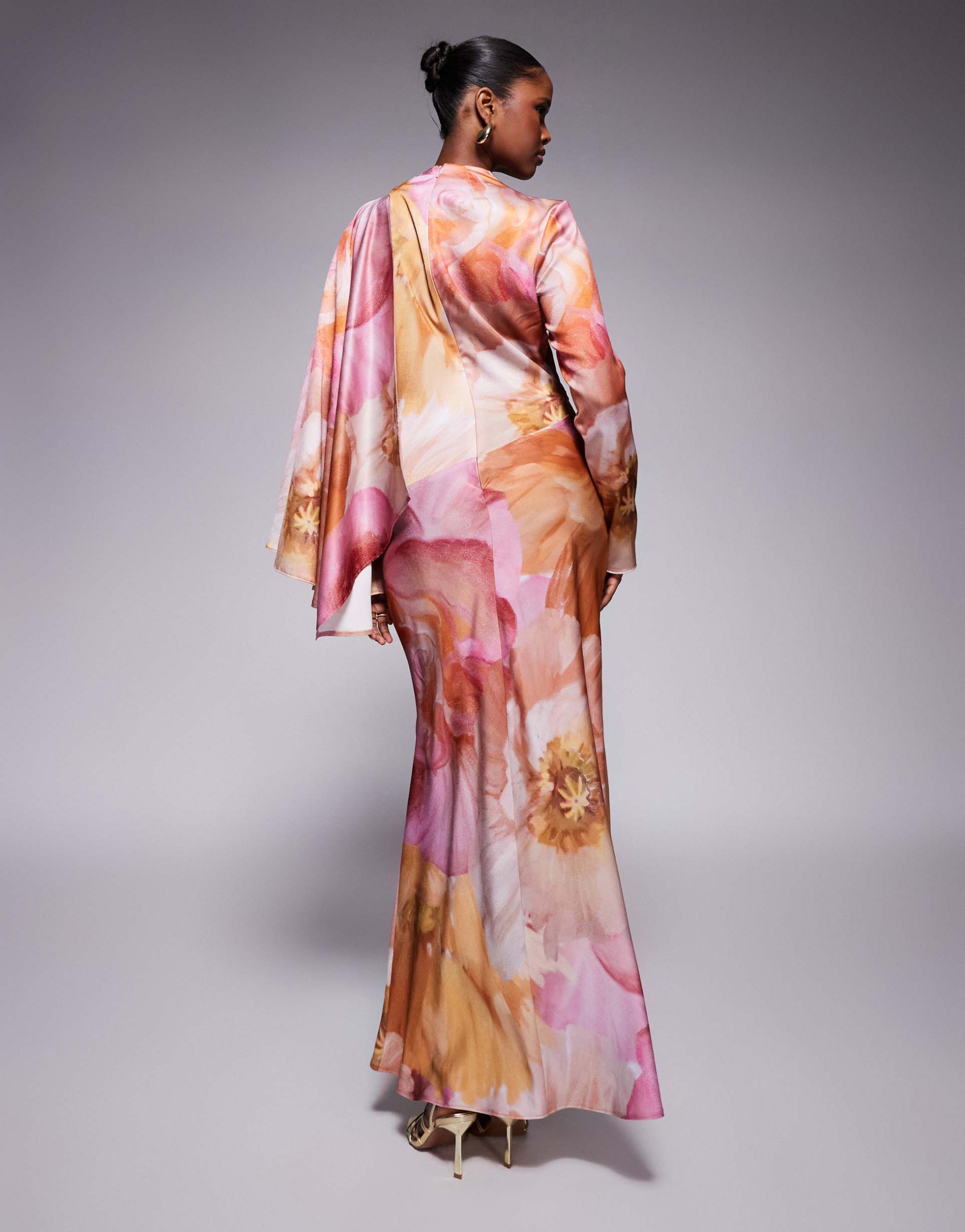 asos design draped satin bias cut maxi dress with scarf overlay detail in overblown floral print