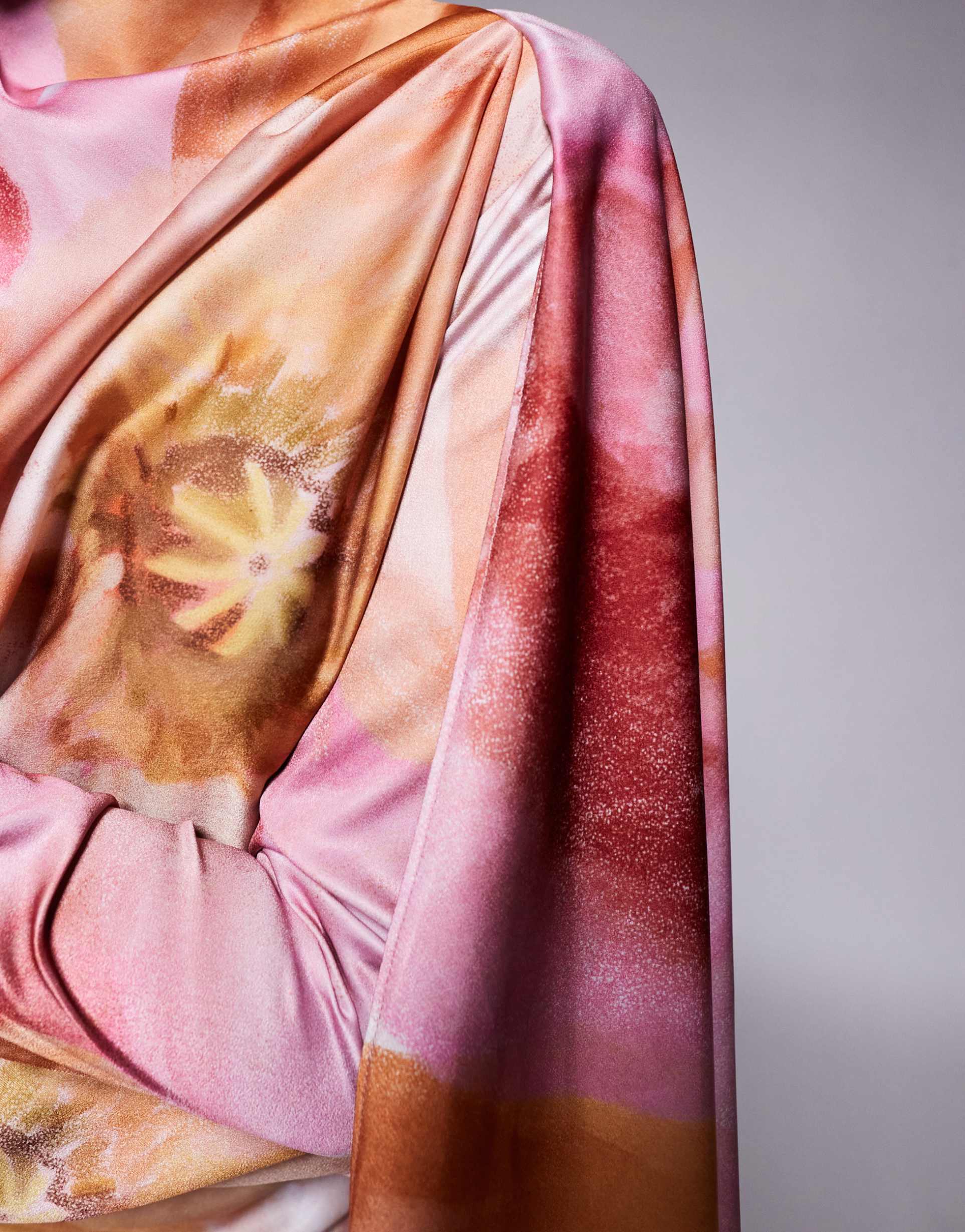 asos design draped satin bias cut maxi dress with scarf overlay detail in overblown floral print