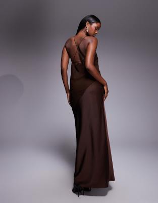 Asos Design Draped Satin Chiffon Cami Maxi Dress In Brown
