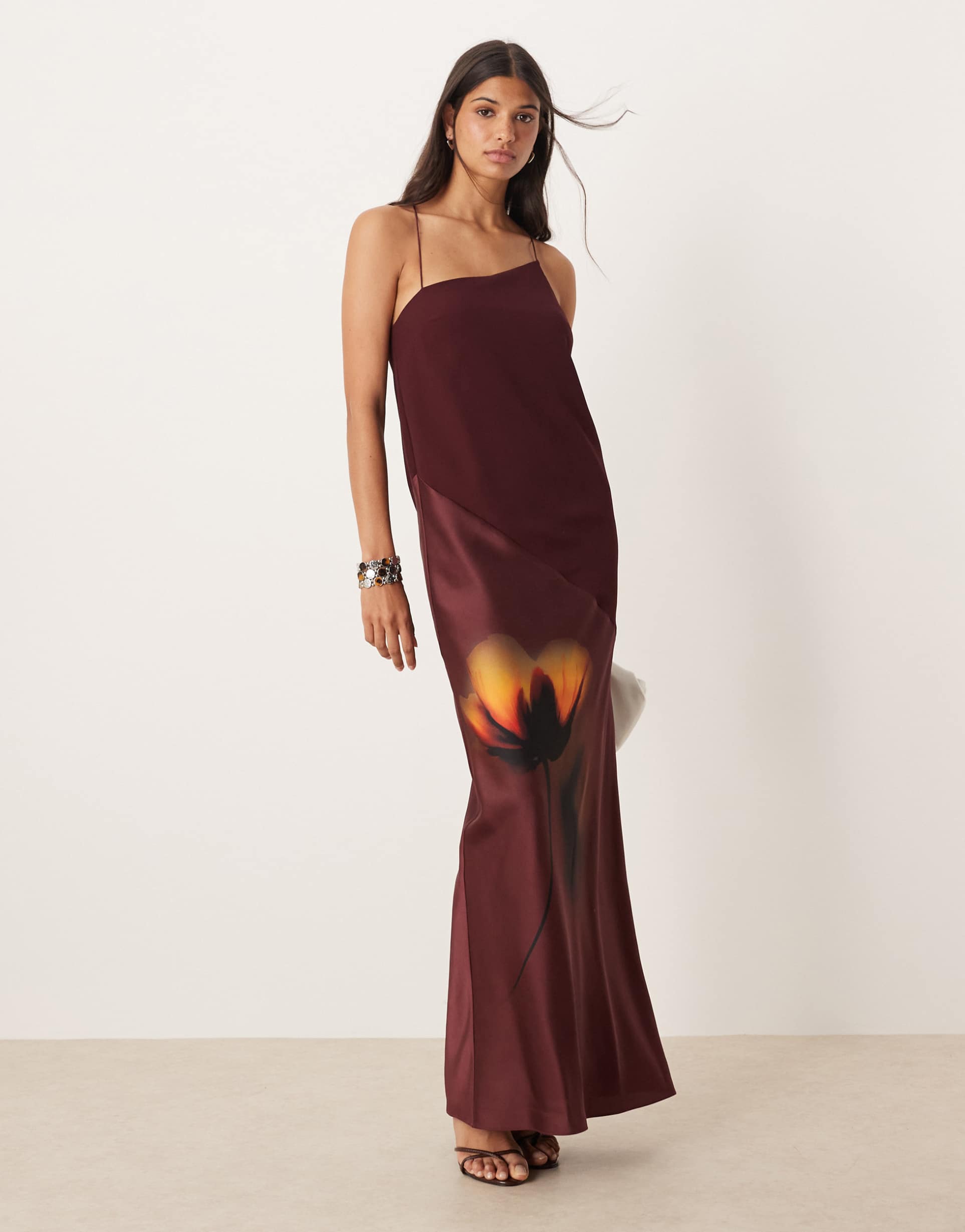 asos design draped satin chiffon cami maxi dress in placement burgundy floral print