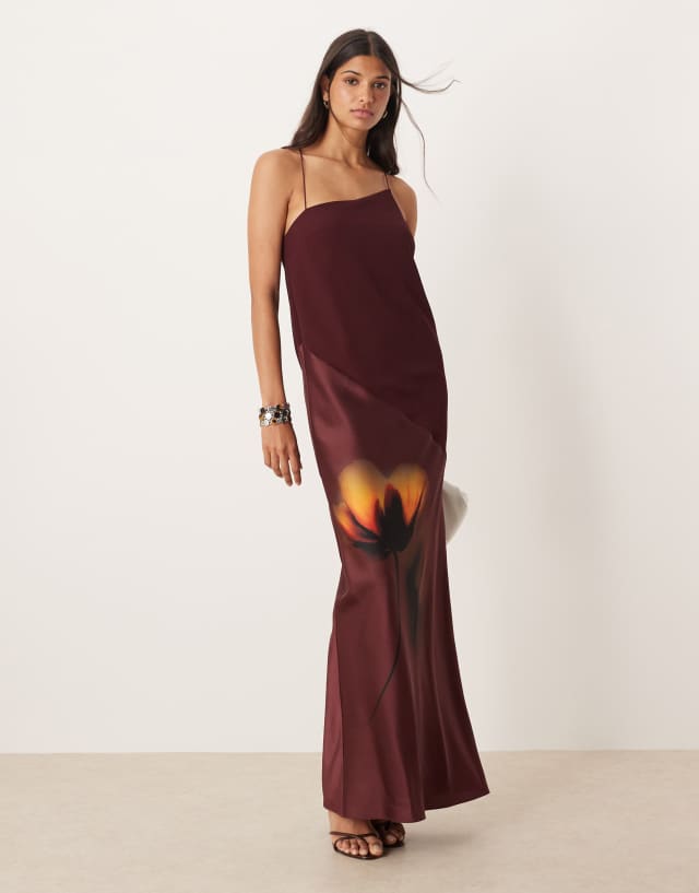 ASOS DESIGN draped satin chiffon cami maxi dress in placement burgundy floral print