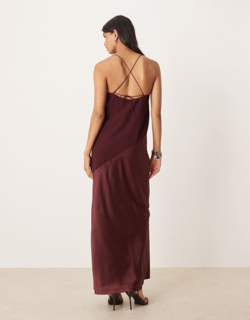 ASOS DESIGN draped satin chiffon cami maxi dress in placement burgundy floral print