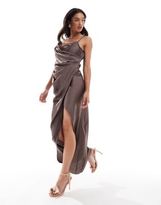 ASOS DESIGN draped satin maxi dress with twisted strap detail in mocha-Yellow