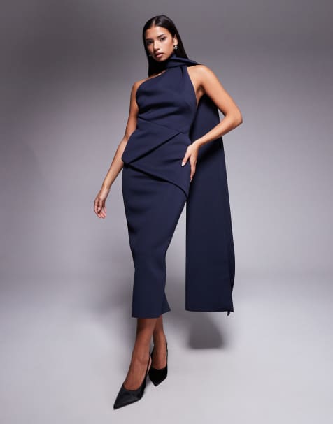 ASOS DESIGN draped scarf neck detail midi dress in deep navy scuba-style fabric - view 1