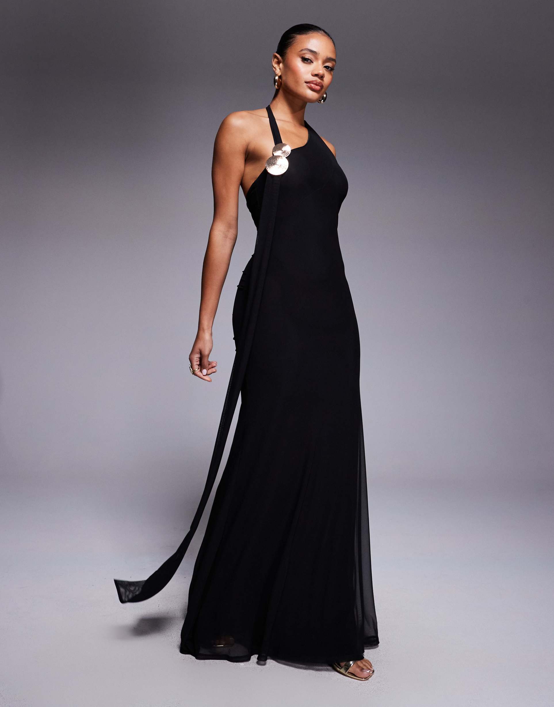 asos design draped scarf neck with gold hardware mesh maxi dress in black