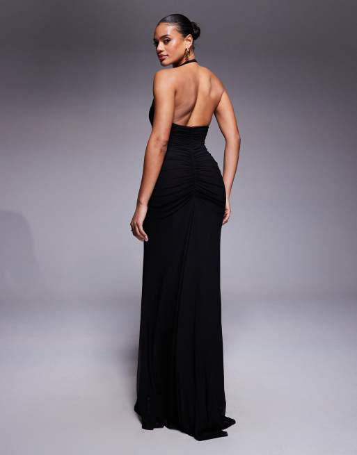 ASOS DESIGN draped scarf neck with gold hardware mesh maxi dress in black