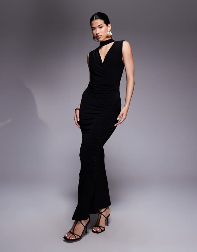 asos black maxi dress DESIGN draped scarf ruched in this dress combines comfort Sage White Party Dresses for Color:Army Green