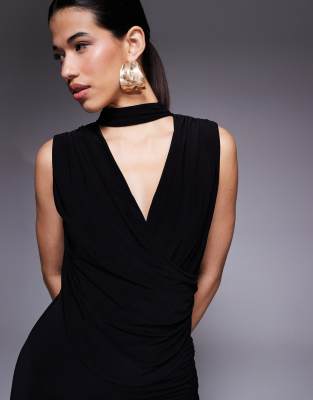 Asos Design Draped Scarf Ruched Maxi Dress In Black