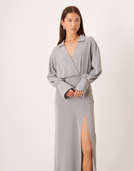 ASOS DESIGN draped shirt pencil midi skirt in grey, 2 of 4