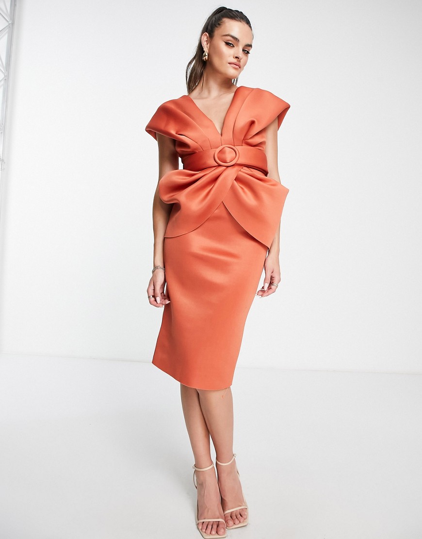 ASOS DESIGN draped shoulder belted midi dress in burnt apricot-Multi