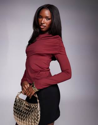 Asos Design Draped Shoulder Long Sleeve Top In Red