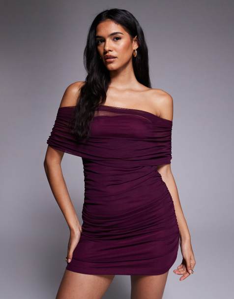ASOS DESIGN draped shoulder mesh mini dress with ruching in fig - view 1