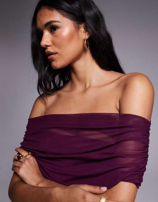 ASOS DESIGN draped shoulder mesh mini dress with ruching in fig