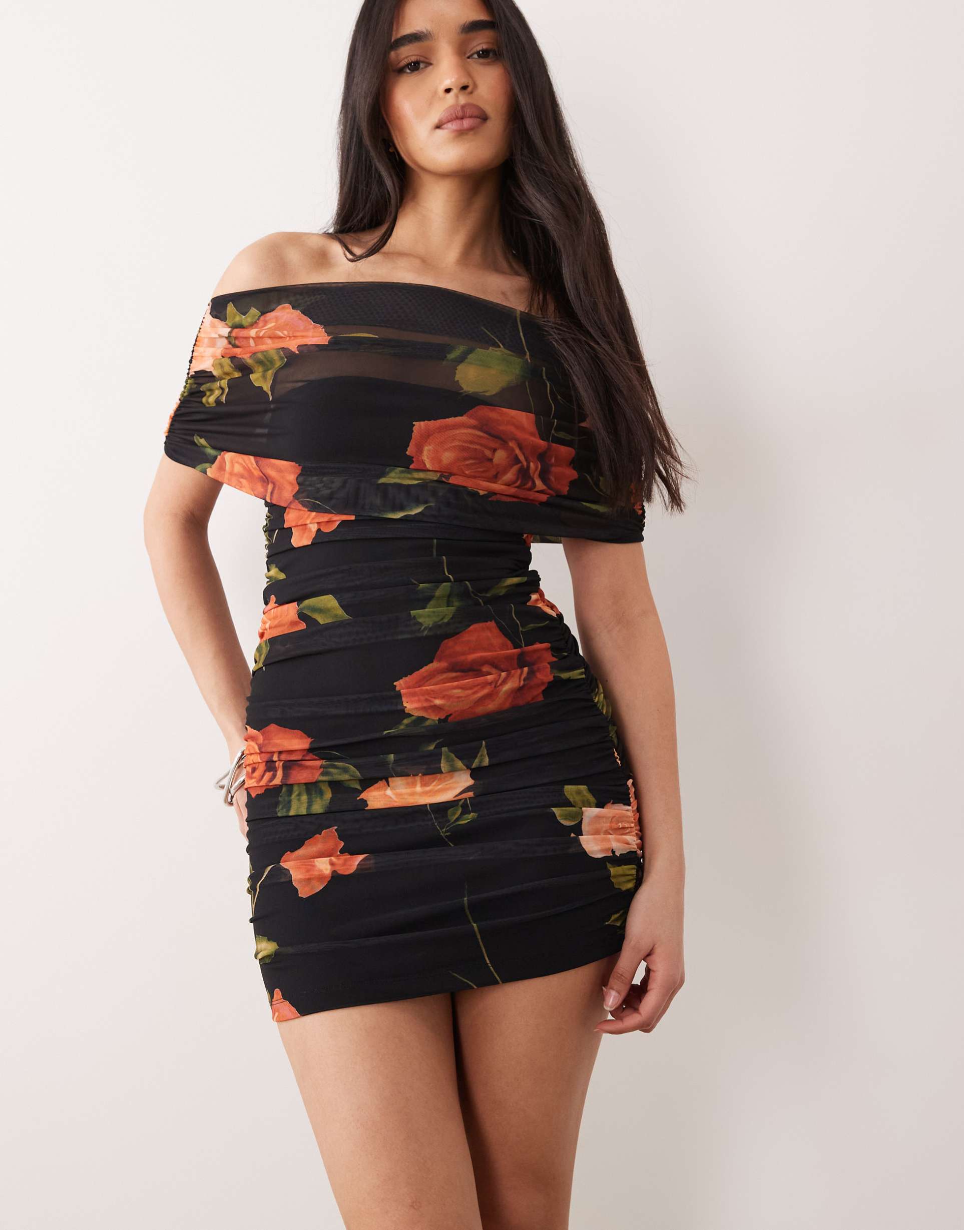 asos design draped shoulder mesh mini dress with ruching in print