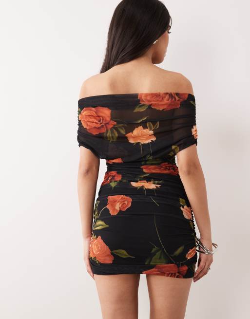 ASOS DESIGN draped shoulder mesh mini dress with ruching in print, 4 of 4