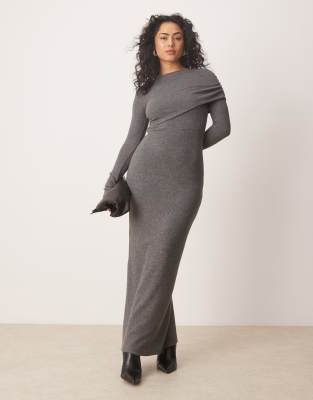 draped shoulder super soft long sleeve maxi dress in gray