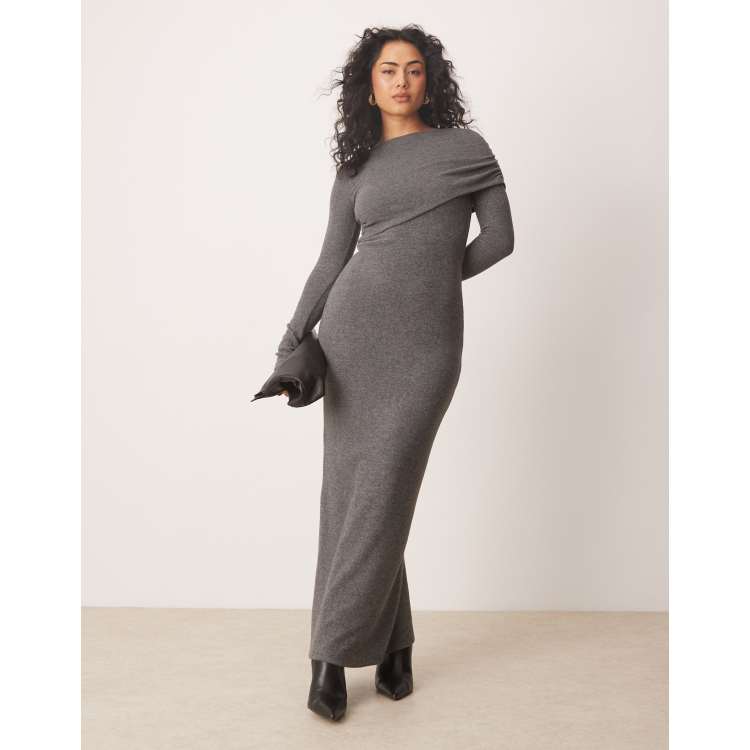 ASOS DESIGN draped shoulder super soft long sleeve maxi dress in gray | ASOS