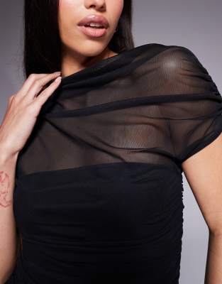 Asos Design Draped Shoulders Mesh Mini Dress With Ruching In Black