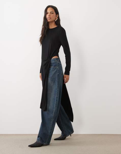 ASOS DESIGN Draped side knotted long sleeve top in black - view 1