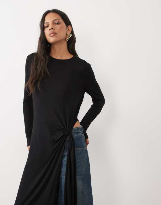 ASOS DESIGN Draped side knotted long sleeve top in black, 2 of 4