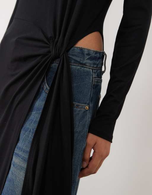 ASOS DESIGN Draped side knotted long sleeve top in black, 4 of 4