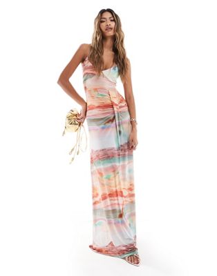 Asos Design Draped Skirt Detail Maxi Dress In Sunset Landscape Print-multi