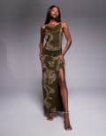 [ASOS DESIGN] ASOS DESIGN draped skirt overlay maxi dress with dropped waist and embellishment in khaki-Green 4 KHAKI