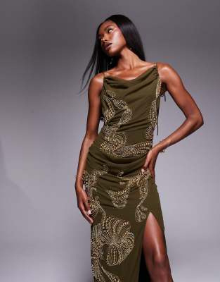 Asos Design Draped Skirt Overlay Maxi Dress With Dropped Waist And Embellishment In Green