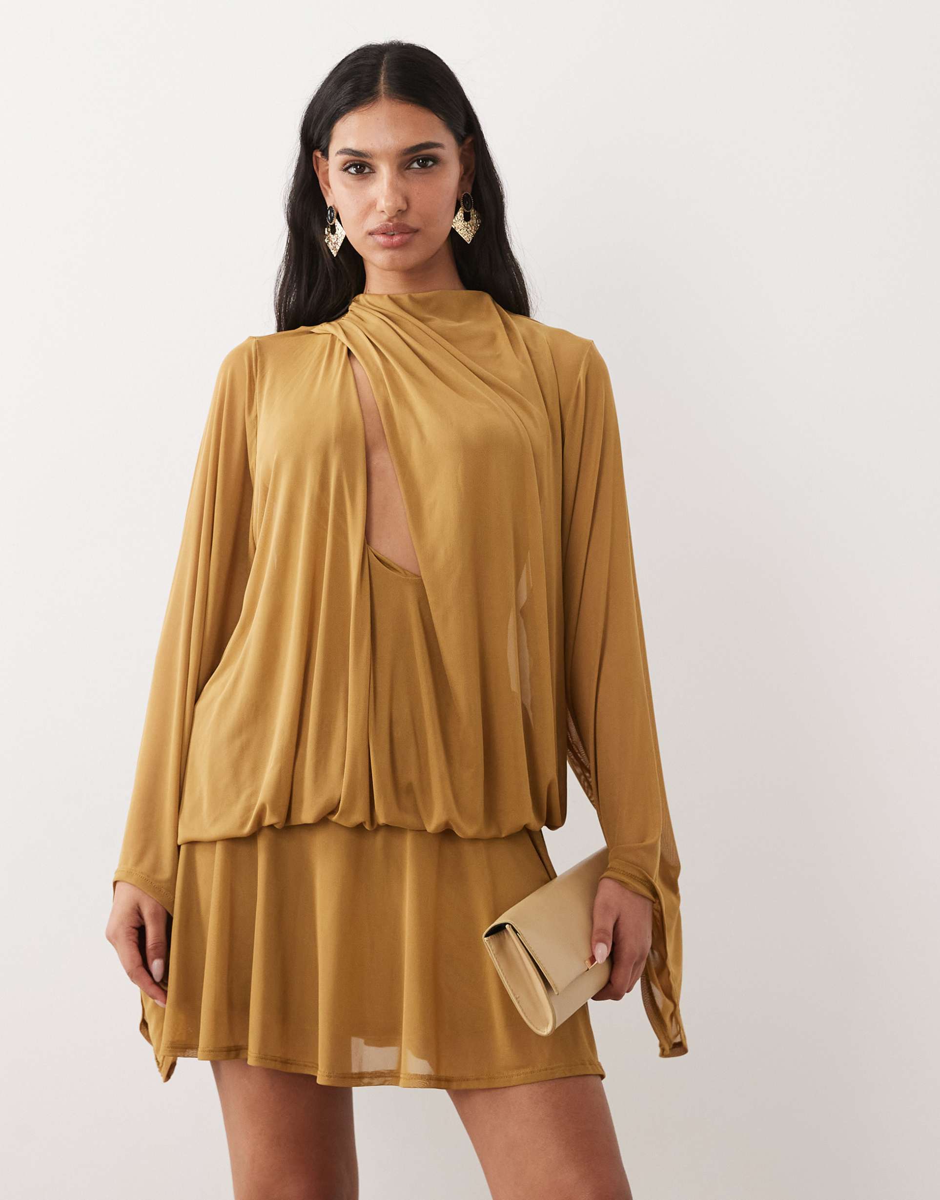 asos design draped slash front mini dress with blouson sleeves in olive