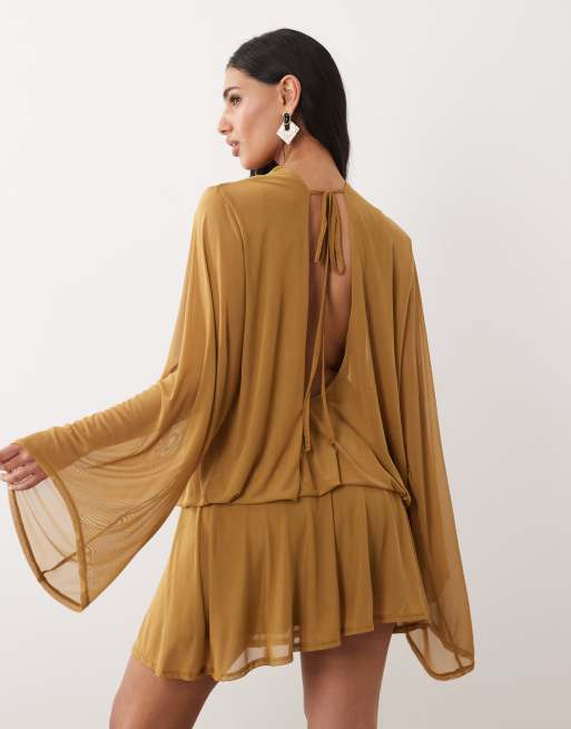 ASOS DESIGN draped slash front mini dress with blouson sleeves in olive, 4 of 4
