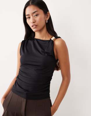 Asos Design Draped Slash Neck Top With Metal Hardware Detail In Black