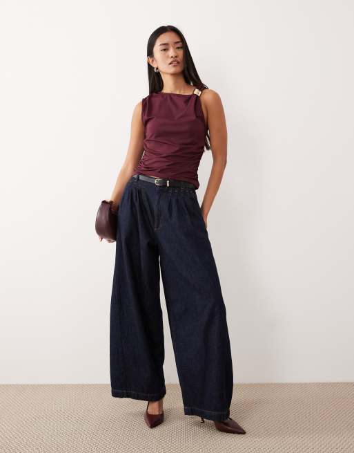 ASOS DESIGN draped slash neck top with metal hardware detail in fig, 2 of 4
