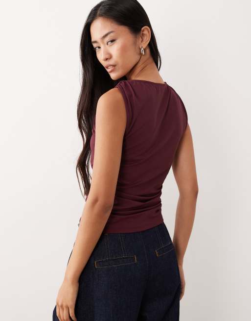ASOS DESIGN draped slash neck top with metal hardware detail in fig, 4 of 4