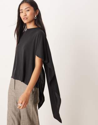 ASOS DESIGN draped sleeve detail long sleeve top in black-White