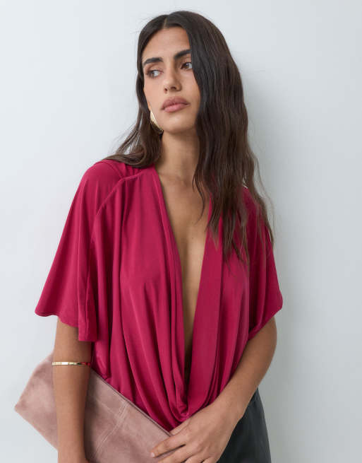 ASOS DESIGN draped sleeve plunge scarf top in hot pink, 5 of 5