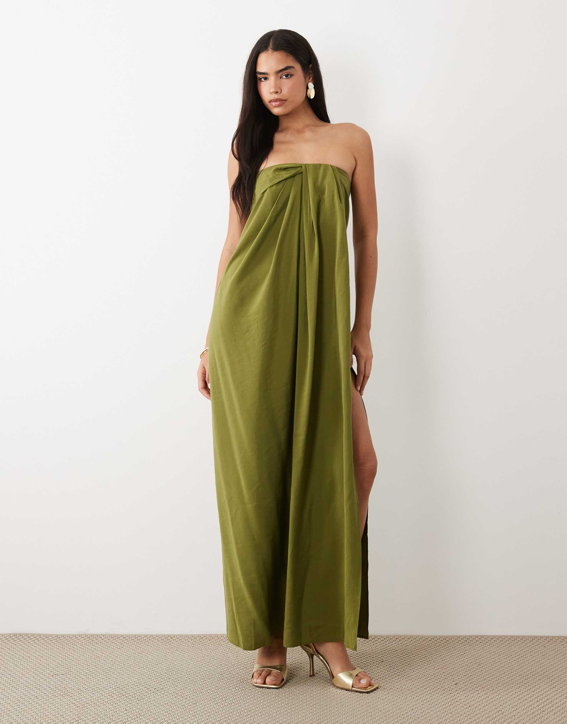 asos design draped strapless maxi dress in olive green