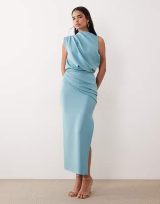 Asos Design Draped Structured Midi Dress With Split In Blue