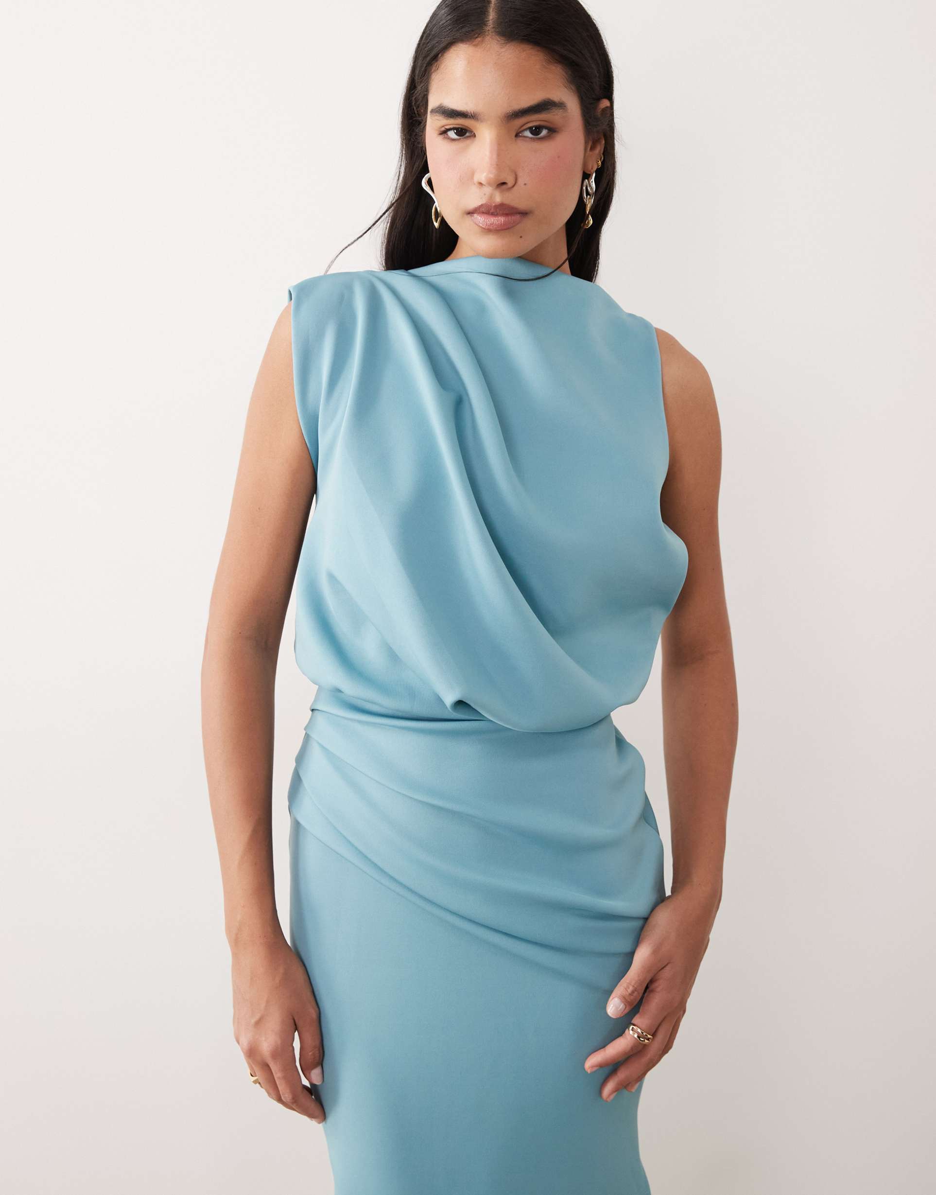 asos design draped structured midi dress with split in blue