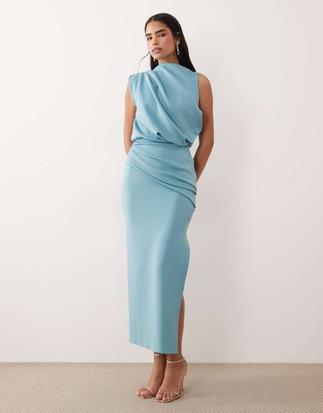blue structured dress ASOS DESIGN draped midi with split in Fabric:Stretch SLEEVES:3/4 Sleeve while the flowy midi Short dress - Wool