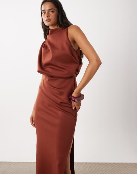 ASOS DESIGN draped structured midi dress with split in brown scuba-style fabric - view 1