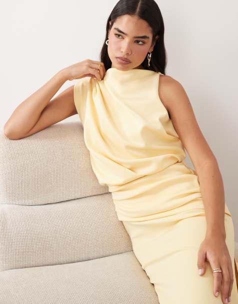 ASOS DESIGN draped structured midi dress with split in buttermilk - view 1
