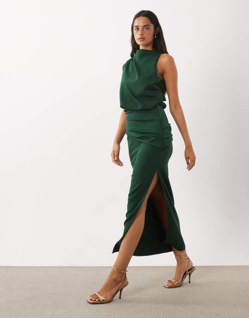 ASOS DESIGN draped structured midi dress with split in dark green scuba-style fabric, 2 of 4