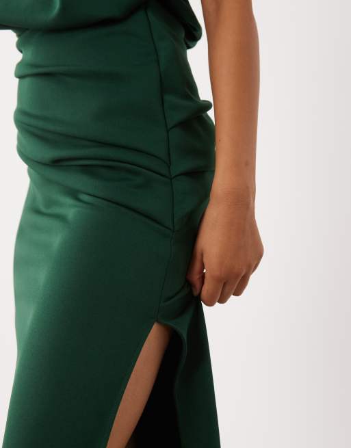 ASOS DESIGN draped structured midi dress with split in dark green scuba-style fabric, 4 of 4
