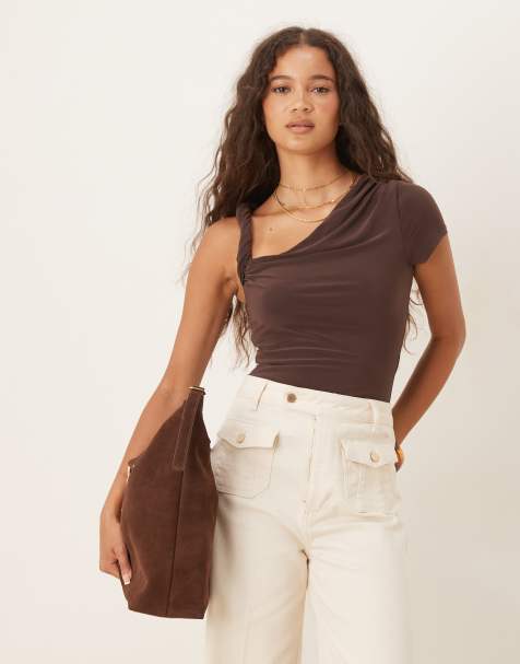 ASOS DESIGN draped twist shoulder cut out short sleeve bodysuit in chocolate - view 1