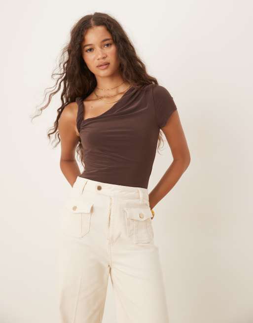 ASOS DESIGN draped twist shoulder cut-out short sleeve bodysuit in chocolate