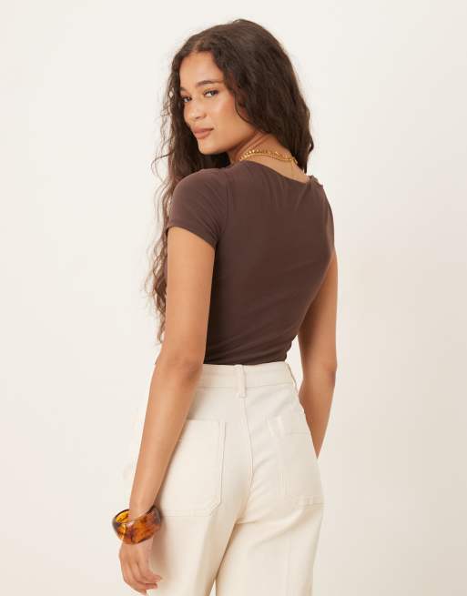 ASOS DESIGN draped twist shoulder cut-out short sleeve bodysuit in chocolate