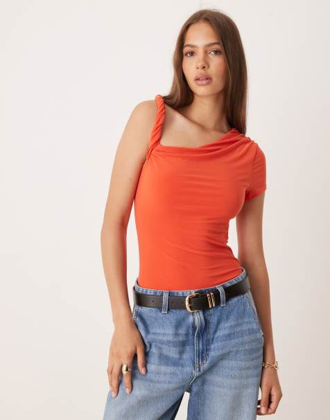 ASOS DESIGN draped twist shoulder cut out short sleeve bodysuit in orange - view 1
