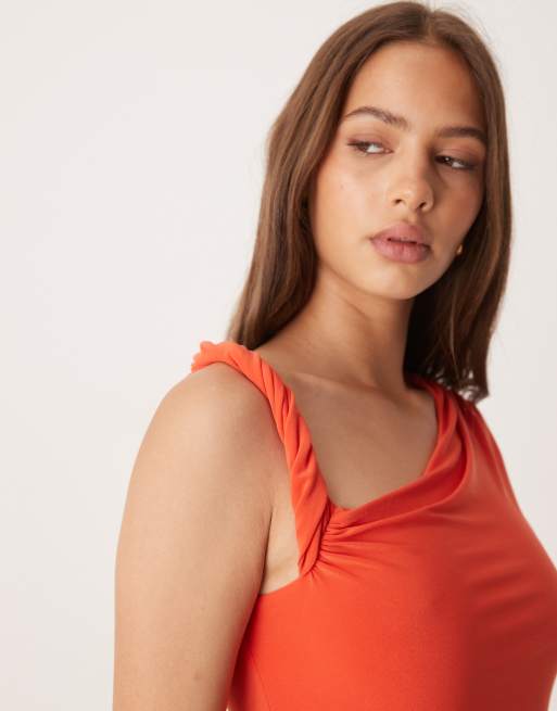 ASOS DESIGN draped twist shoulder cut out short sleeve bodysuit in orange
